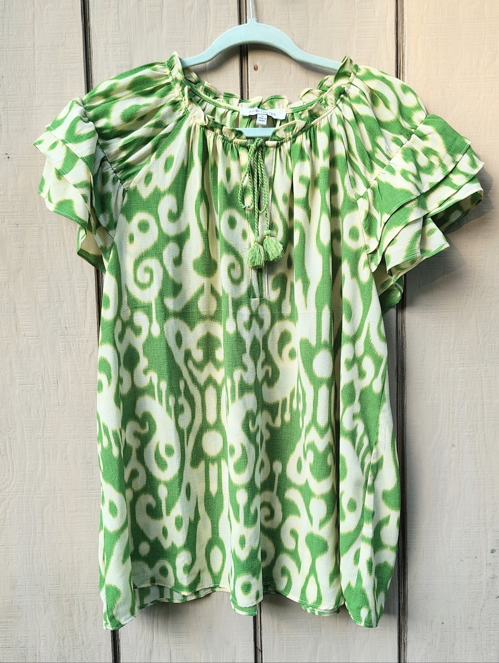 Rose + Olive Artsy Feminine Top 1X Green Short Ruffle Sleeve Tassel Relaxed Fit